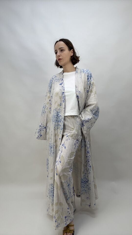 Mavi Çiçekli Maxi Kimono