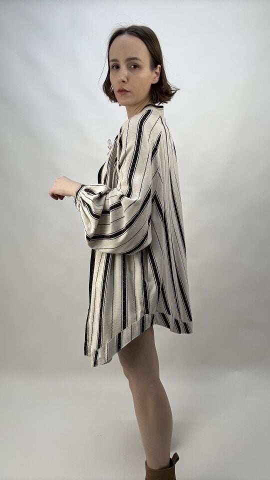 Siyah Çizgili Keten Kimono