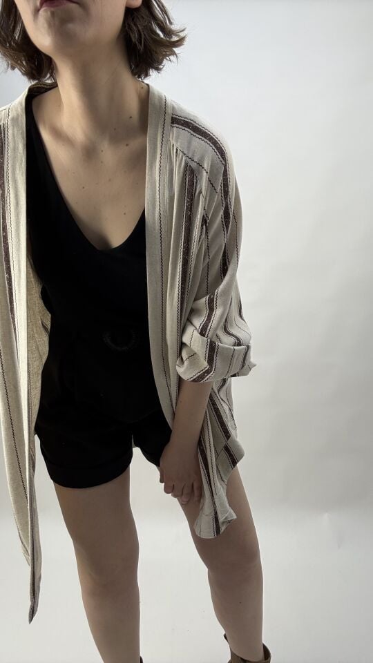 Kahve Çizgili Keten Kimono